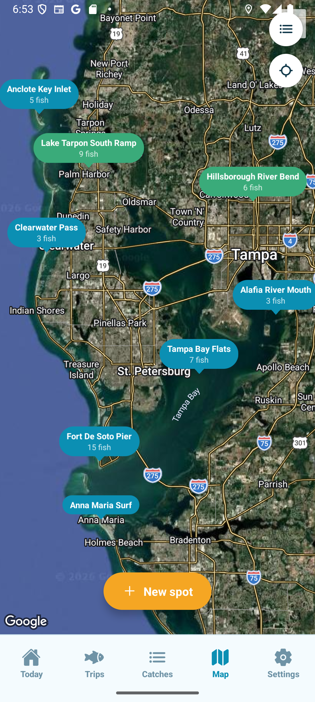 BiteSignal fishing spots map